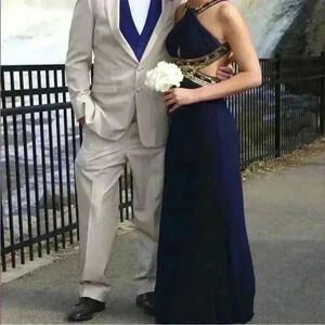 Betsy & Adam Navy and Gold Prom Dress